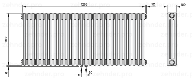 Схема (чертеж) Радиатор Zehnder Charleston 3100/28 №3470 Белый глянцевый RAL 9016